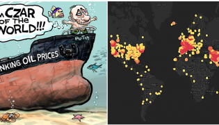 Split image: [left] Putin on sinking ship, [Right] Red/orange heatmap of world