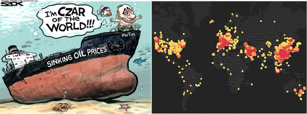 Split image: [left] Putin on sinking ship, [Right] Red/orange heatmap of world